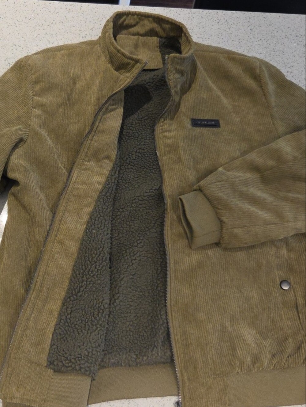 Olive Corduroy Sherpa-Lined Bomber Jacket - Men's